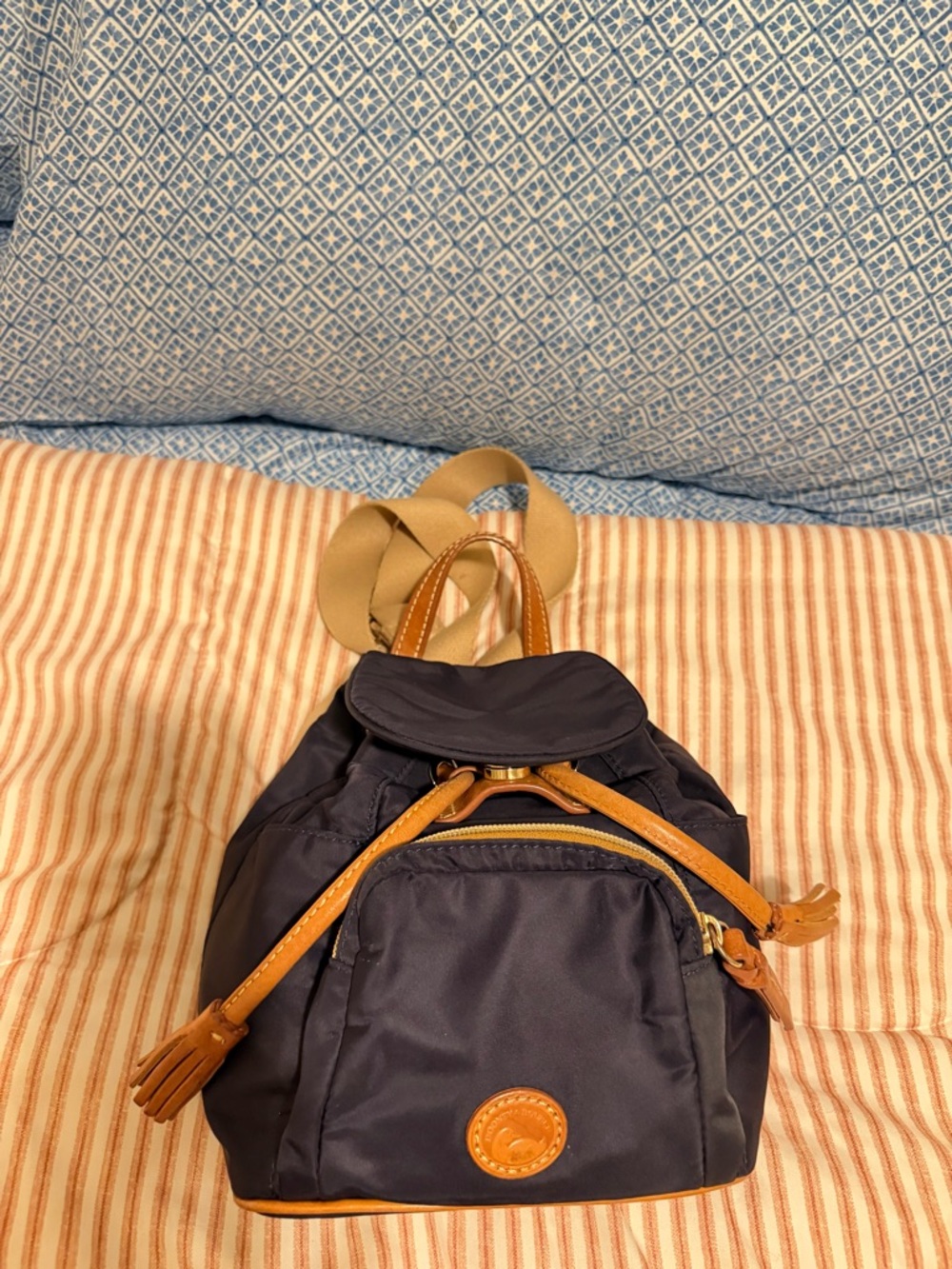 Dooney & Bourke Navy Blue Nylon Backpack with Tan Leather Trim